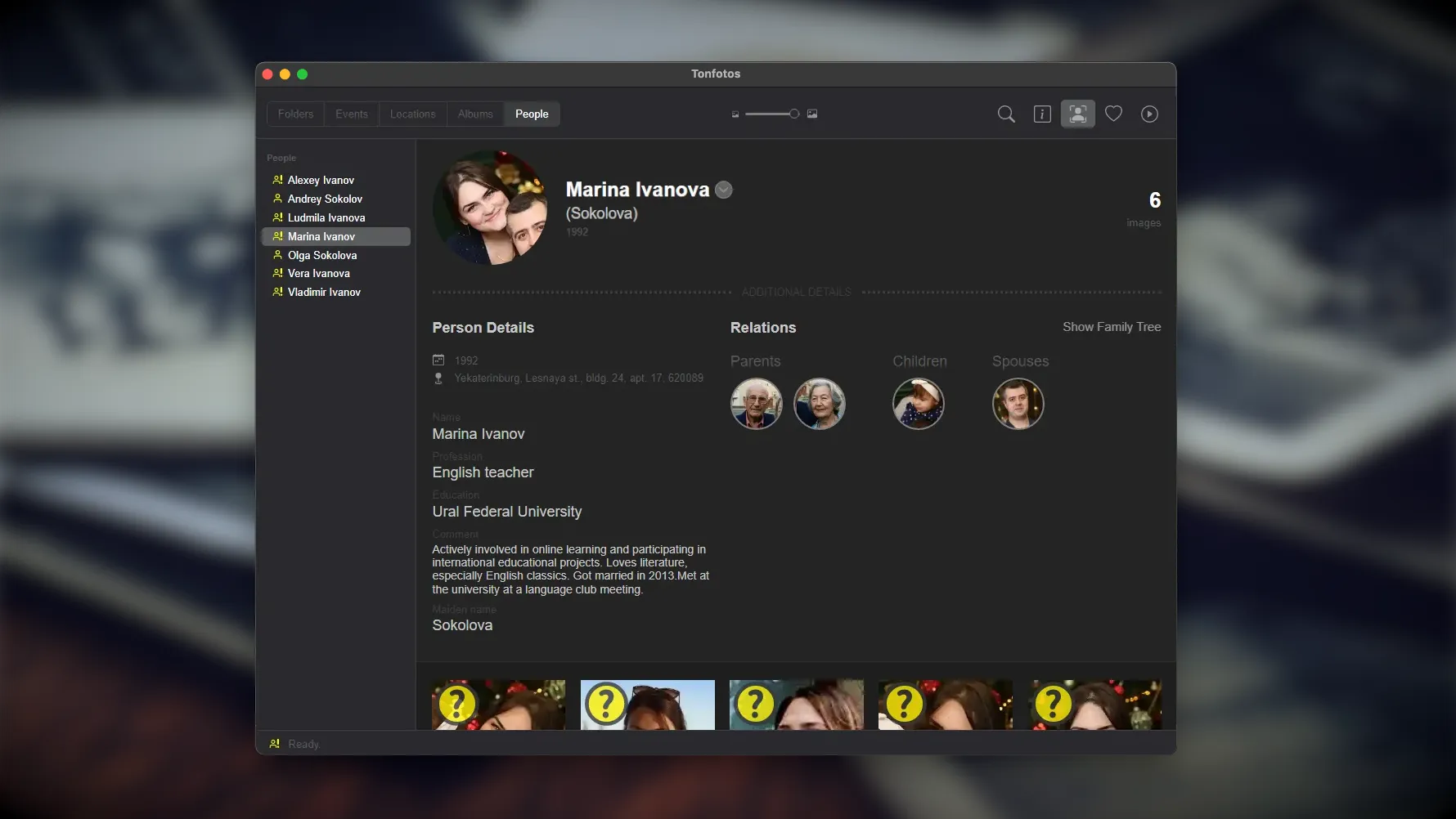 Example of filling in a person's profile in Tonfotos