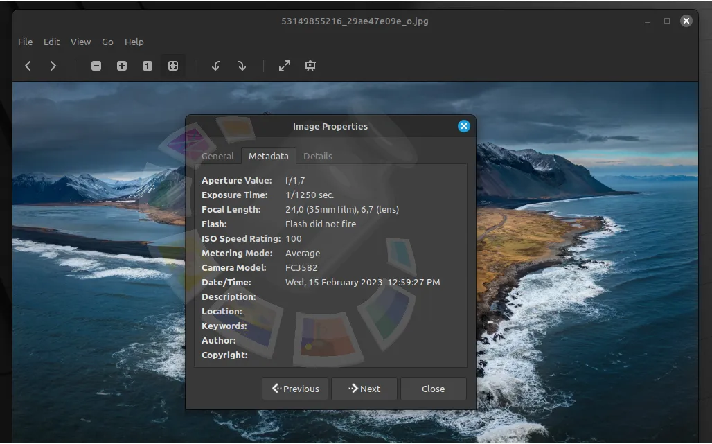 Metadatos de imagen en la aplicación Xviewer en OS Linux