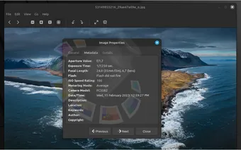 Метаданные изображения в приложении Xviewer в OS Linux