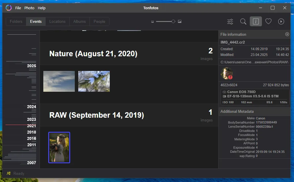 Sort RAW and JPEG photos in chronological order in Tonfotos
