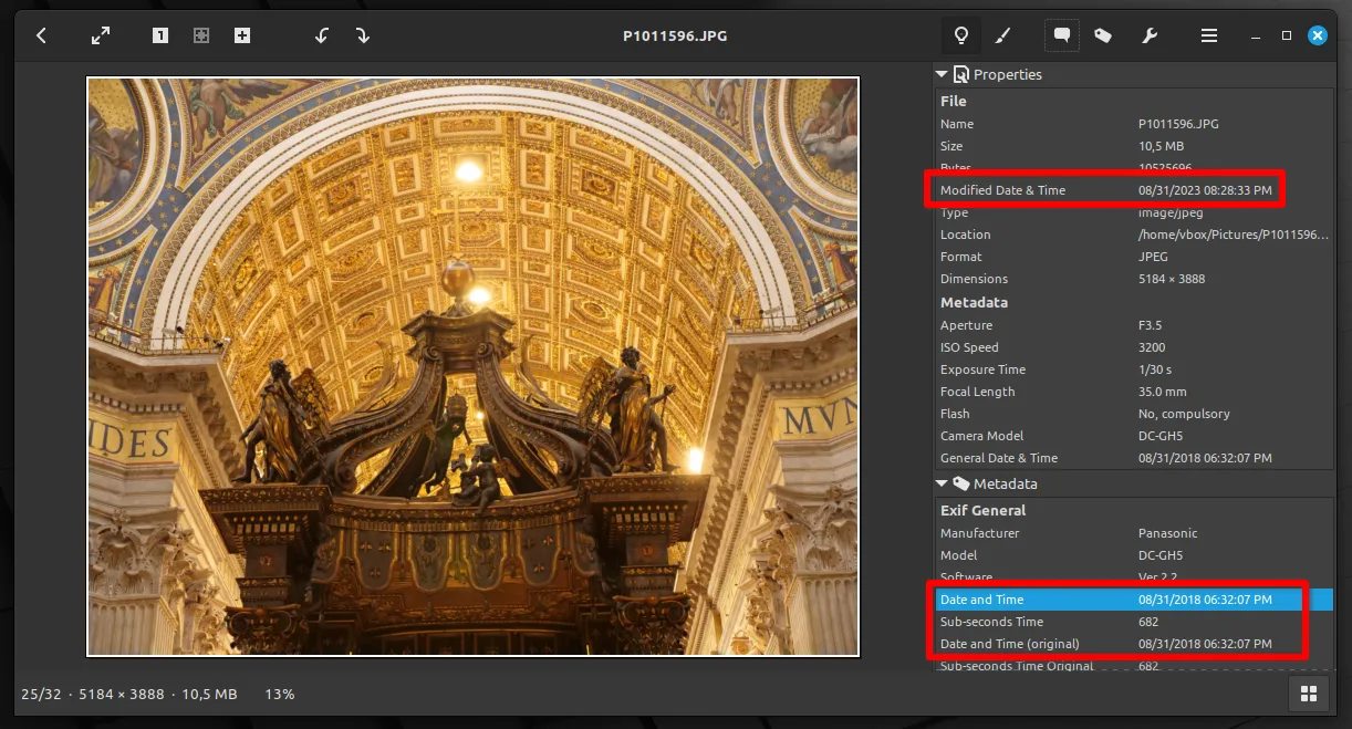 Viewing photo dates in OS Linux (Pix application)