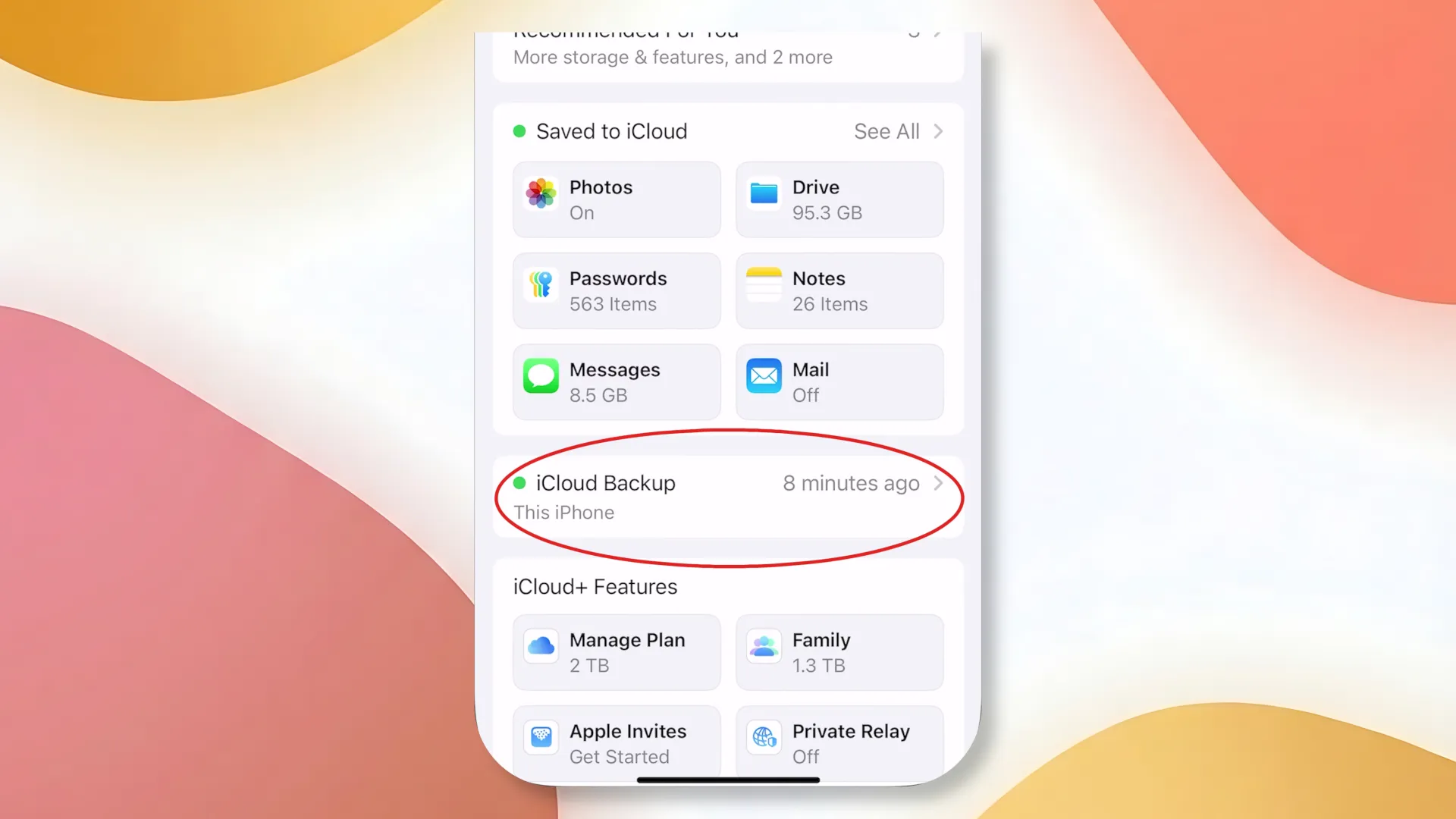 Раздел настройки резервного копирования в настройках iPhone
