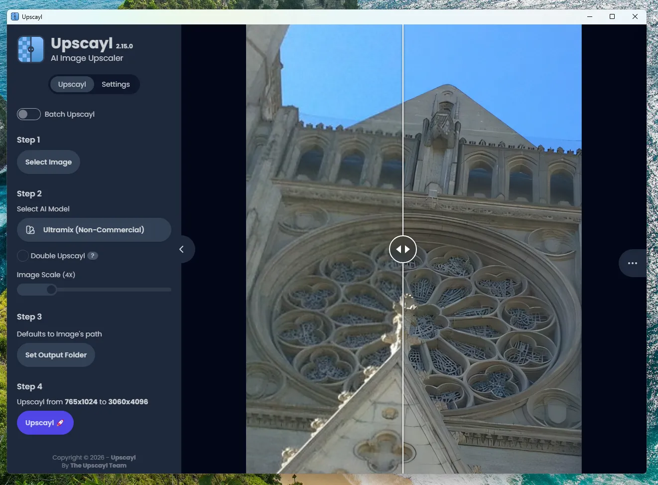 Interface and example of fixing photo pixelation in Upscayl