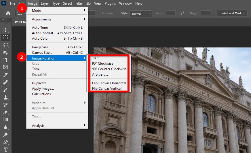 Location of the Image Rotation Function in Photoshop