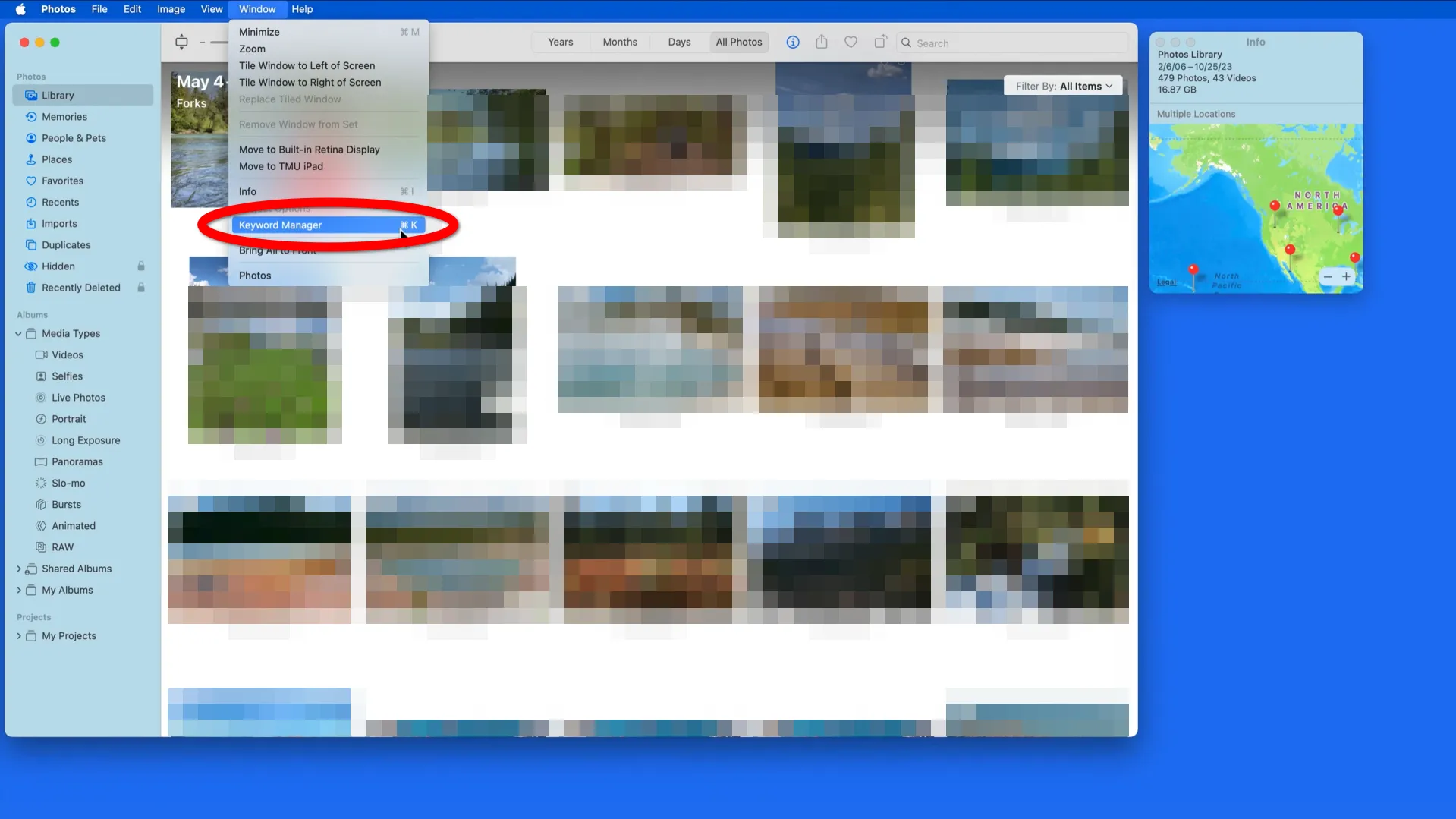 Location of the “Keyword Manager” in the Apple Photos main menu