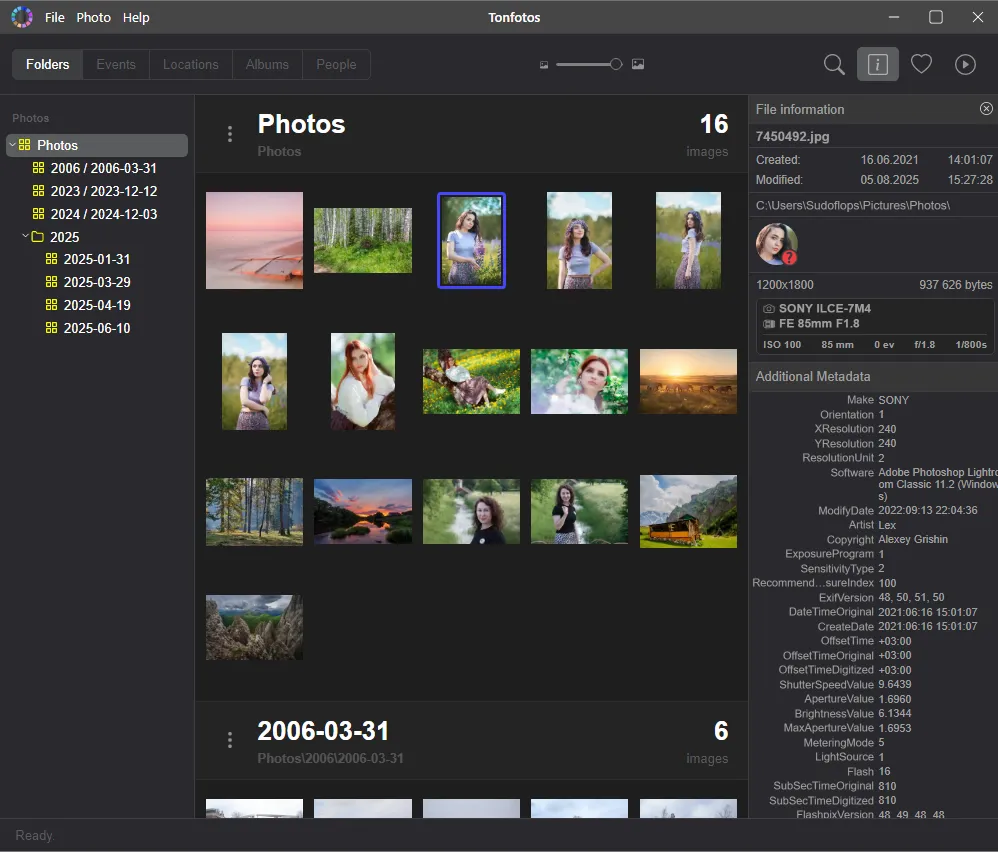 Metadata and facial recognition in Tonfotos