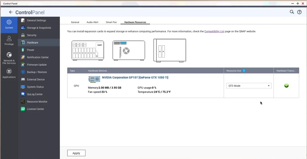 Discrete graphics card installed in QNAP NAS