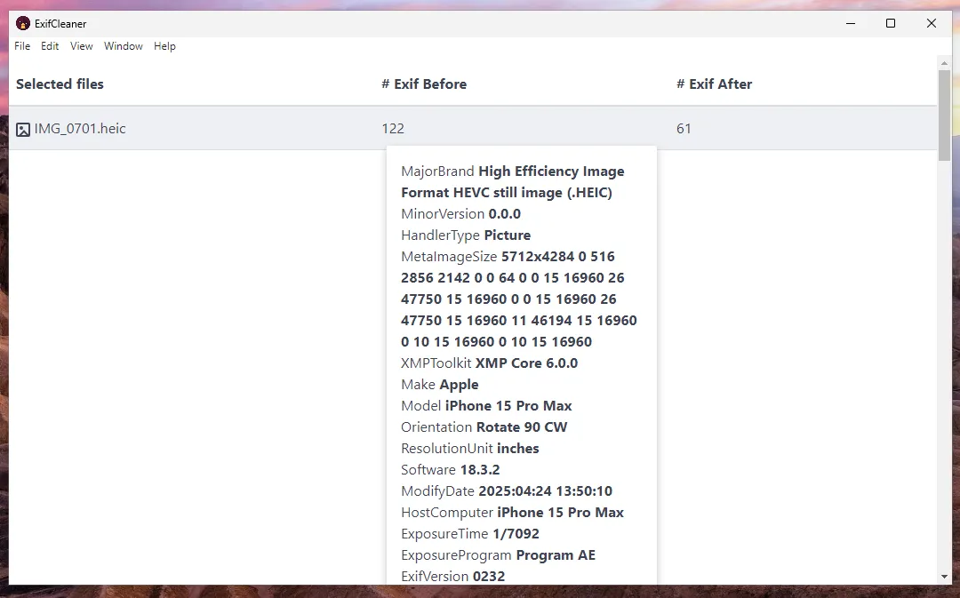 Result of removing photo metadata in ExifCleaner