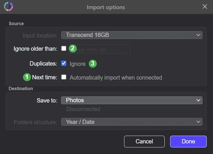 The Import options dialog that will import all photos except exact duplicates, and ask again when the device is reconnected