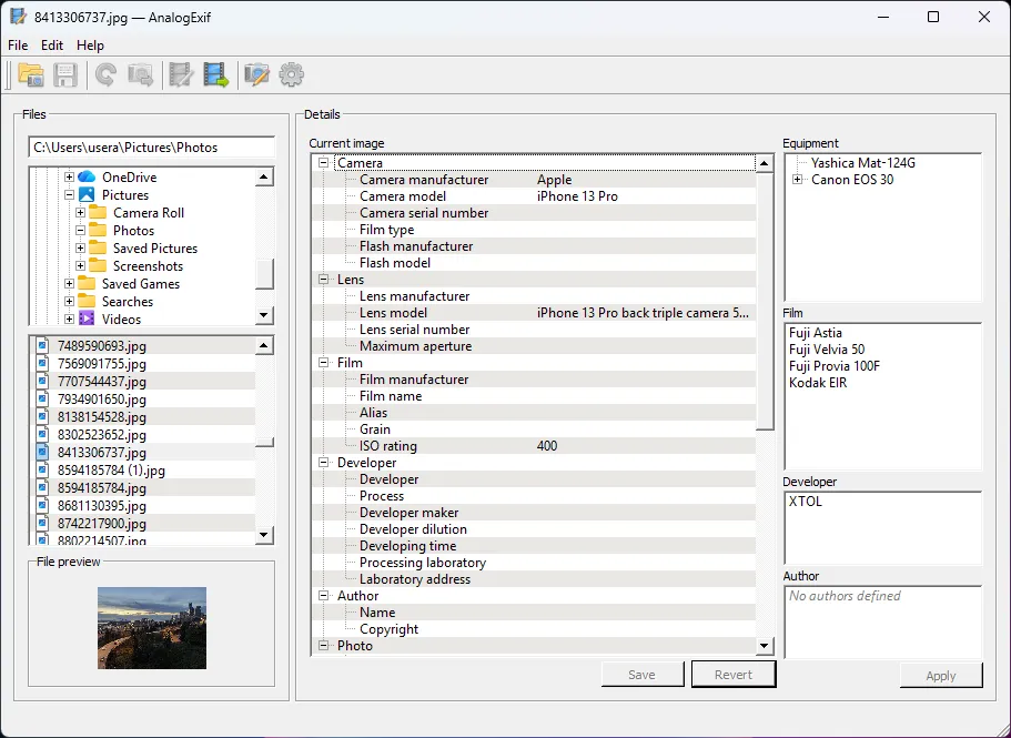 Un exemple d'utilisation des métadonnées dans AnalogExif