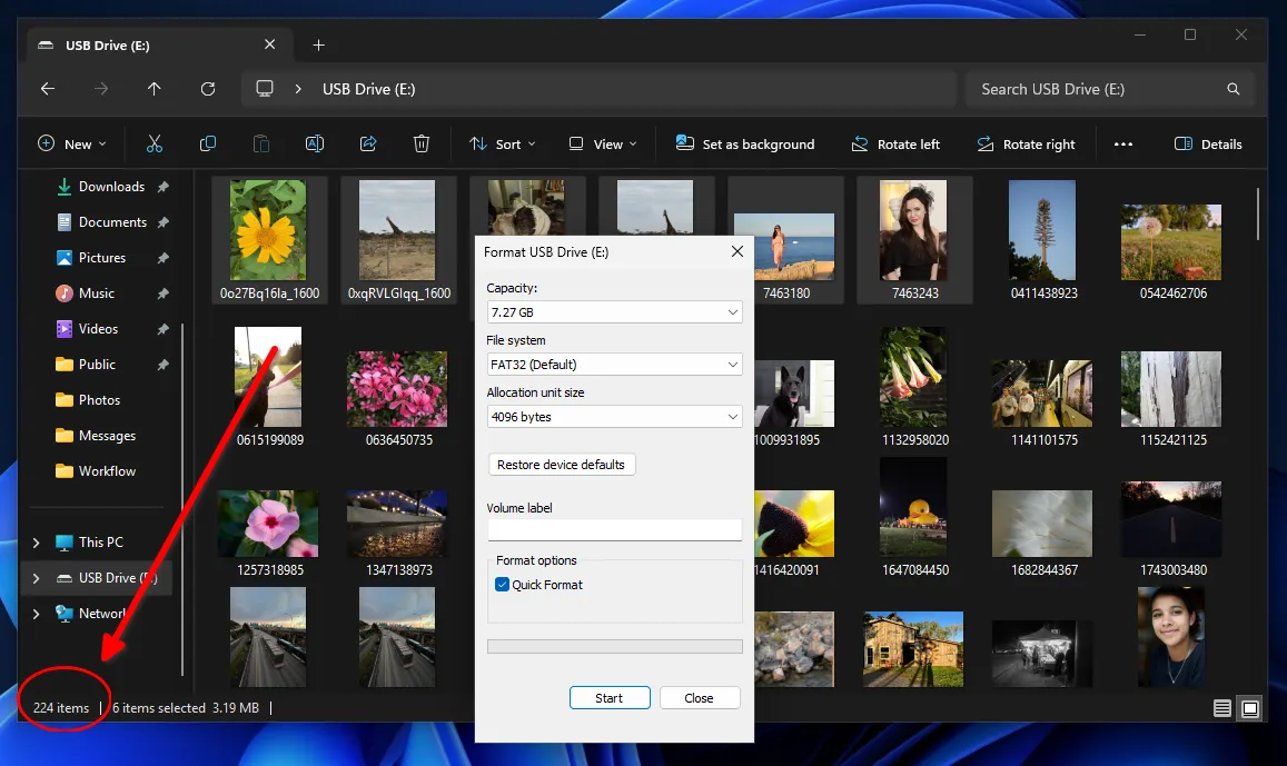 Start formatting a USB flash drive