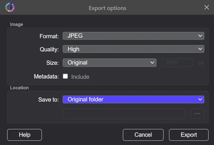 Export images to the same folder in JPEG format with high quality