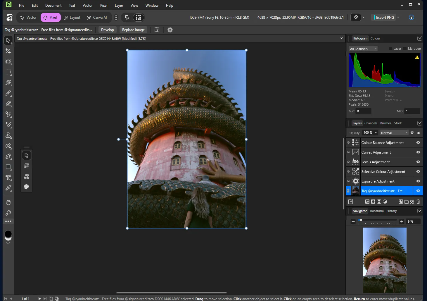 Affinity Pixel interface and editing tools