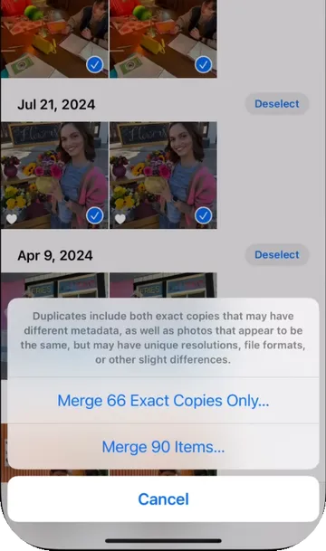 Selecting options for merging duplicates in Photos