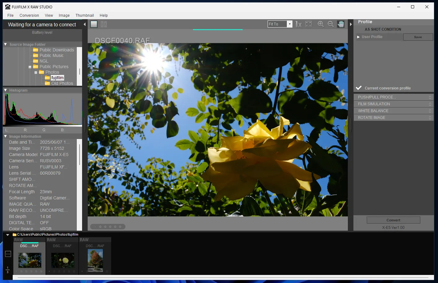 FUJIFILM X RAW STUDIOのインターフェース