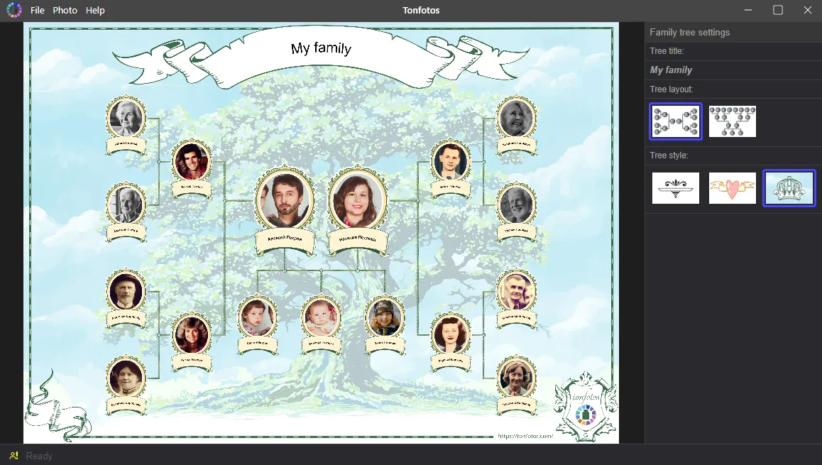 A family tree in a bowtie layout with the Royal style