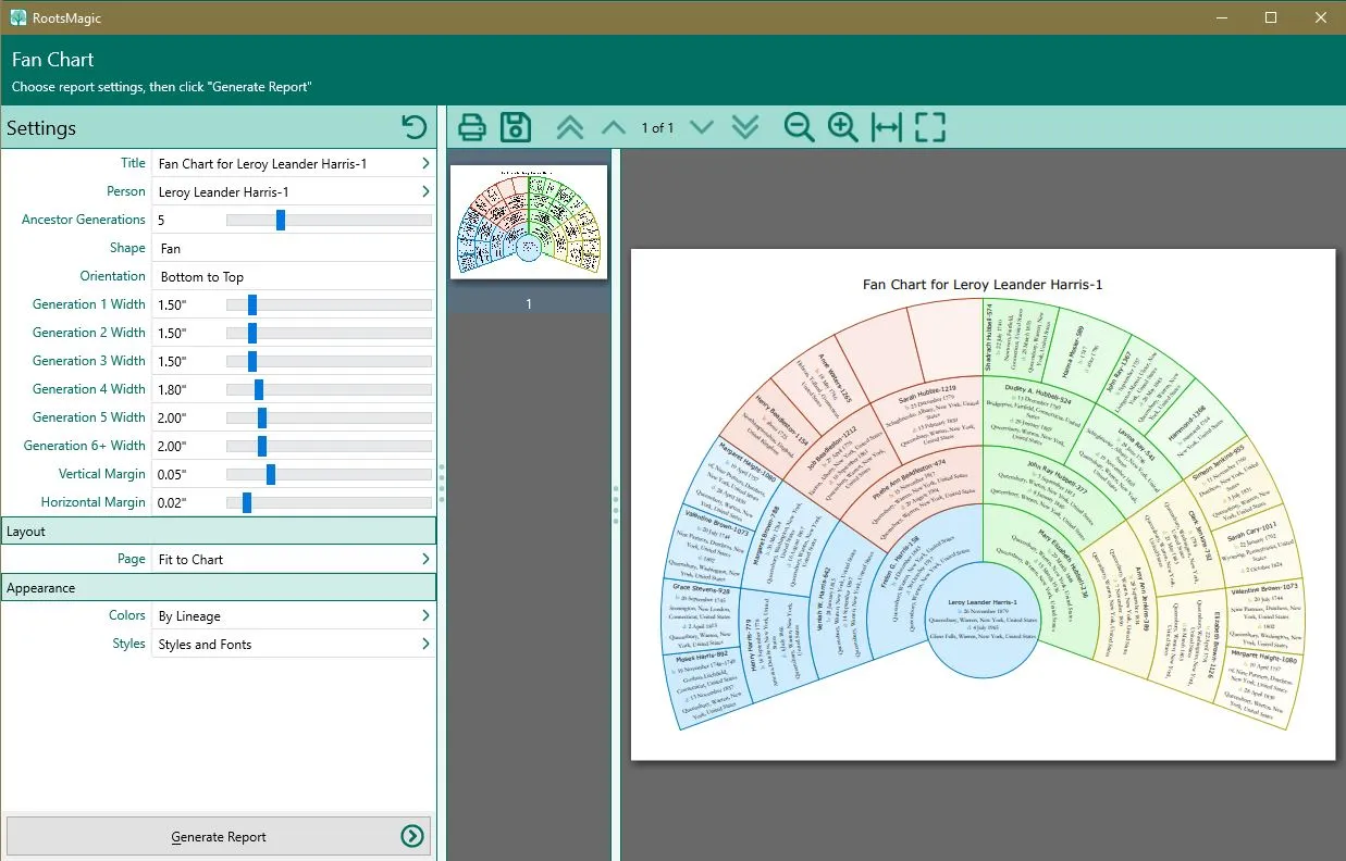 Exporting a family tree for printing in the form of a “Fan”