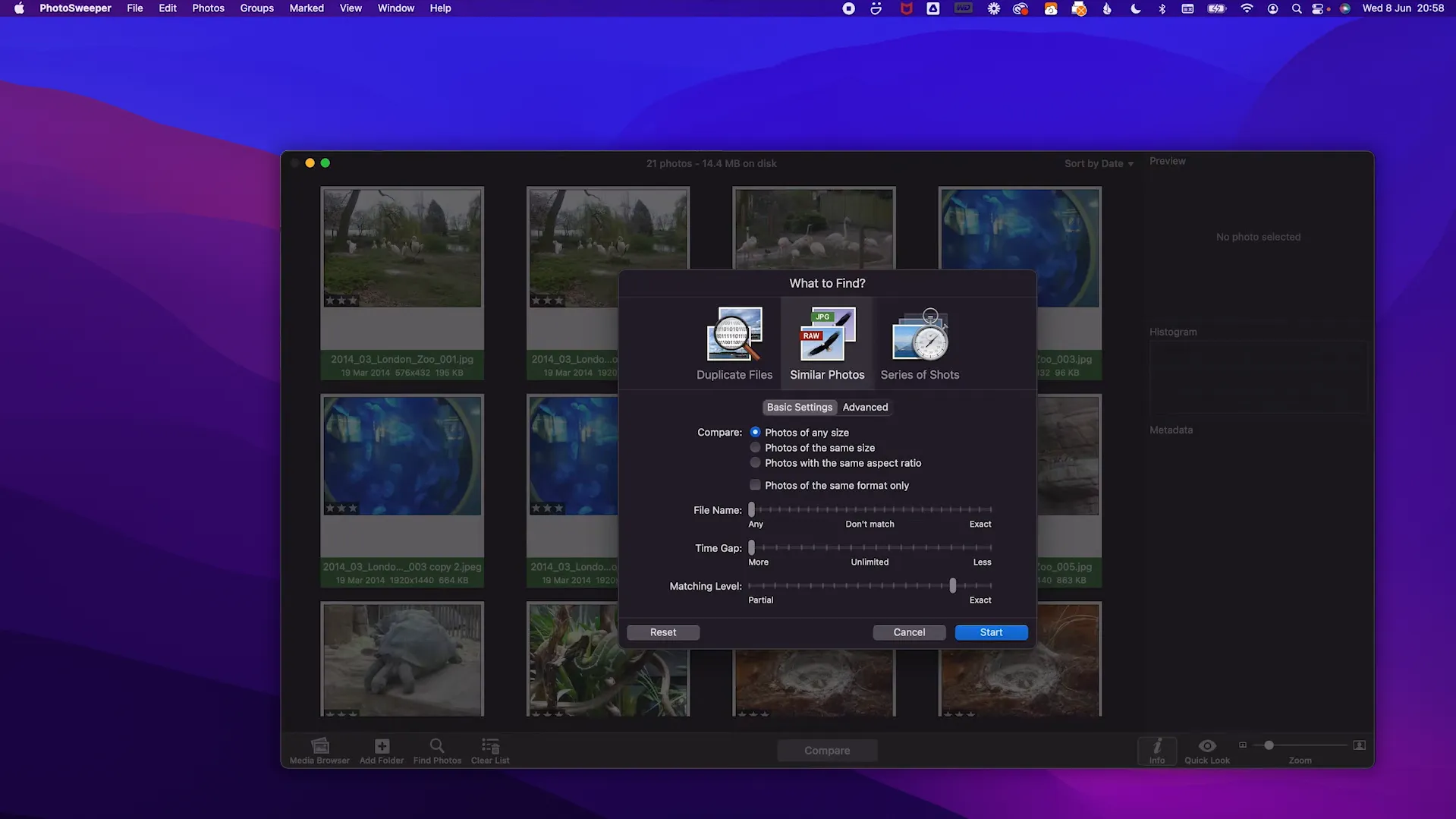 PhotoSweeper duplicate search settings interface