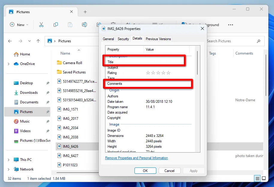 Title and comments for a photo in file properties in Windows Explorer