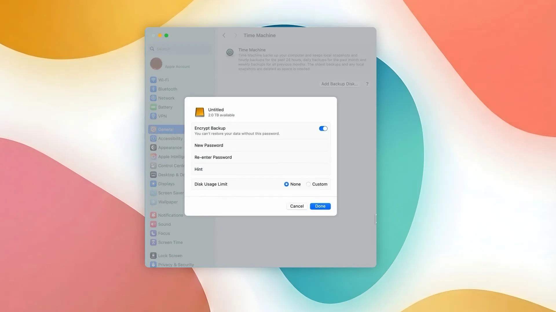 Creating a backup in Time Machine