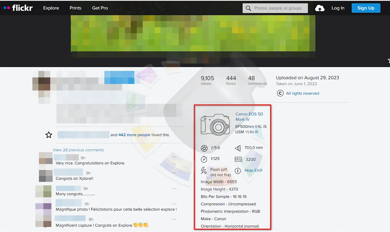 Раздел информации о камере из данных EXIF в сервисе Flickr