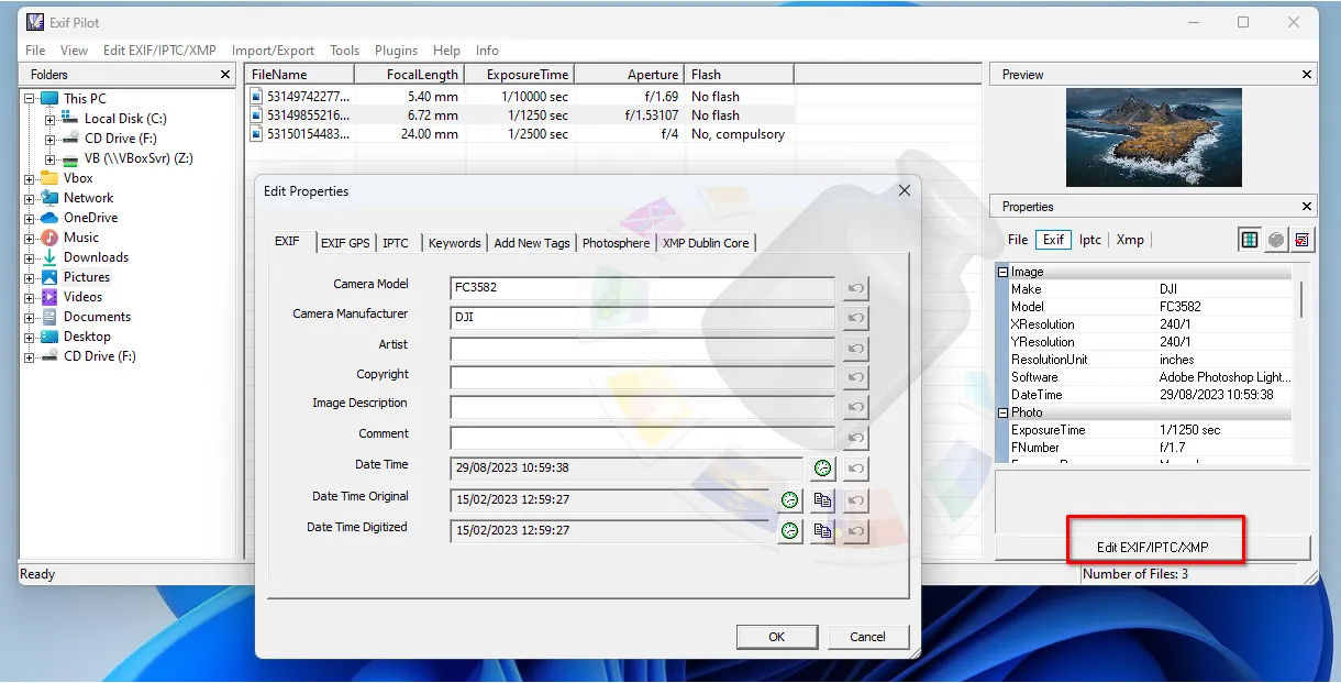 Función de edición de metadatos en la aplicación ExifPilot