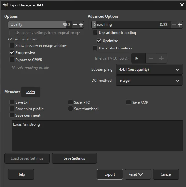 GIMP Export Dialog