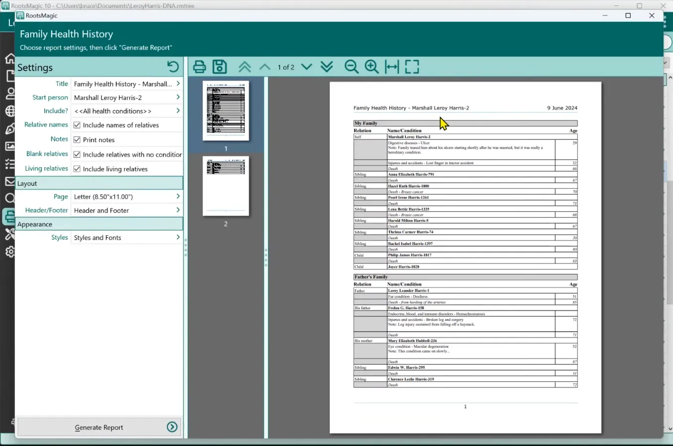 Health report of ancestors and family members in RootsMagic