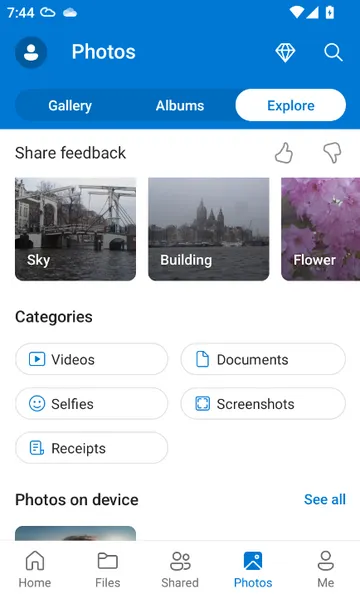 Photos section in the OneDrive mobile app