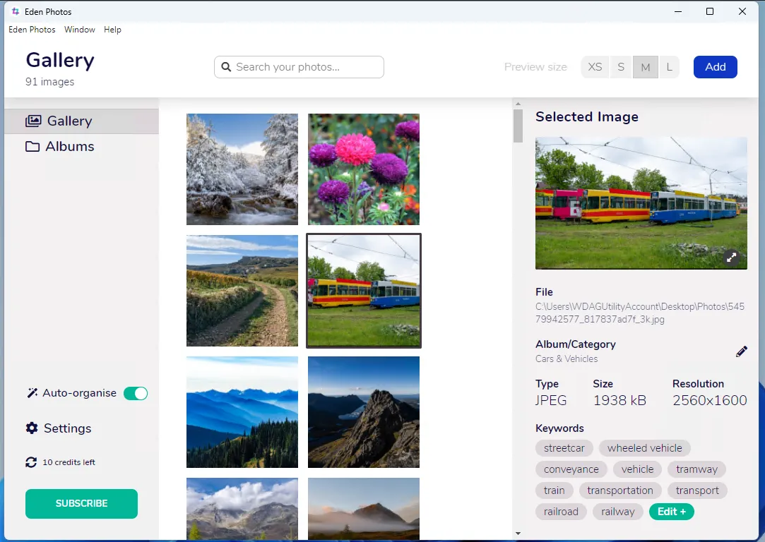 Interface and example of applied tags in Eden Photos