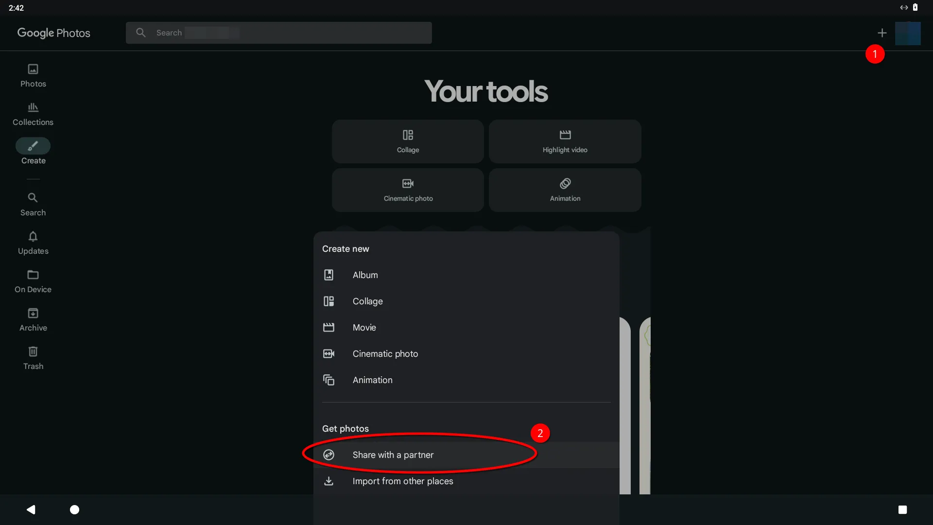 Location of the Share with Partner feature in the Google Photos app