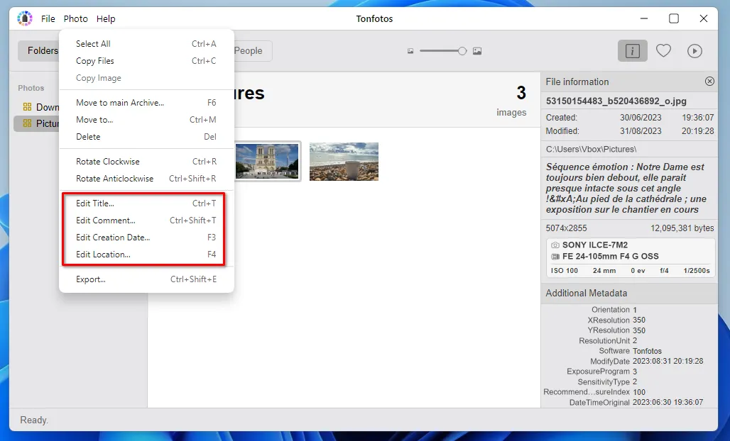 Options de modification des métadonnées dans l'application Tonfotos