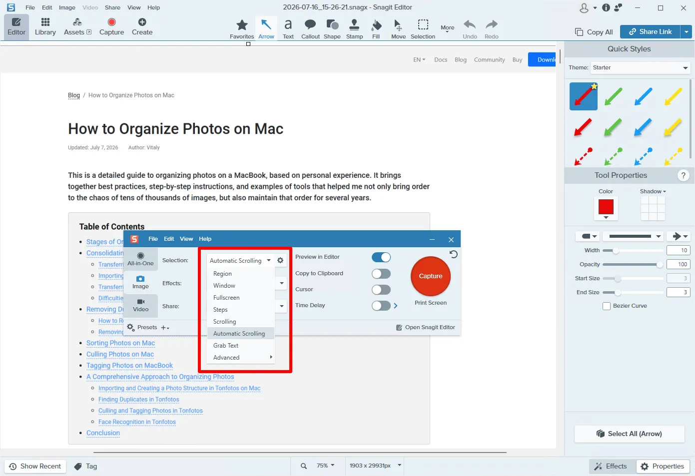Snagit における自動スクロール付き画面キャプチャ機能