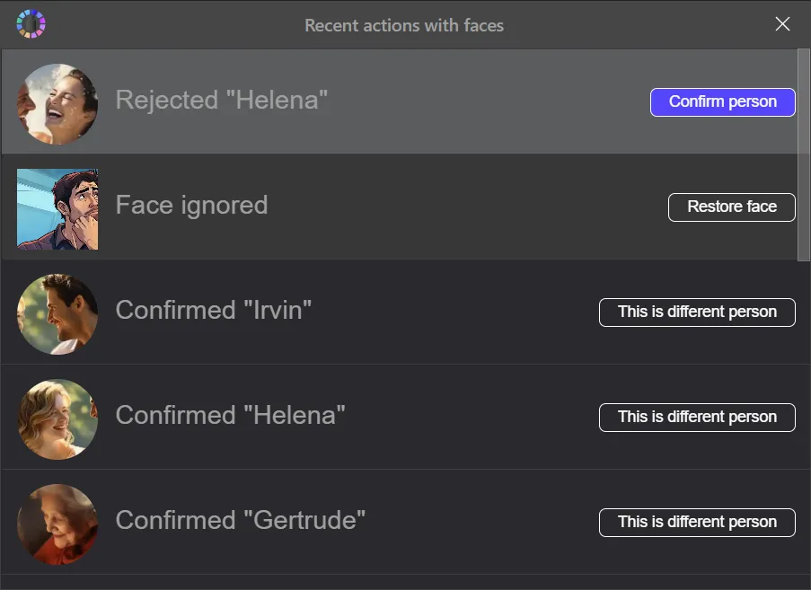 Recent actions to assign, reject, or confirm faces