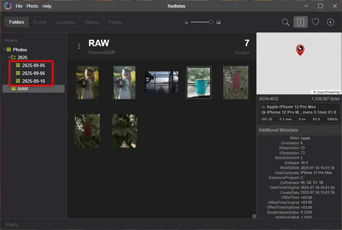 Creating a folder structure when importing digital photos into Tonfotos