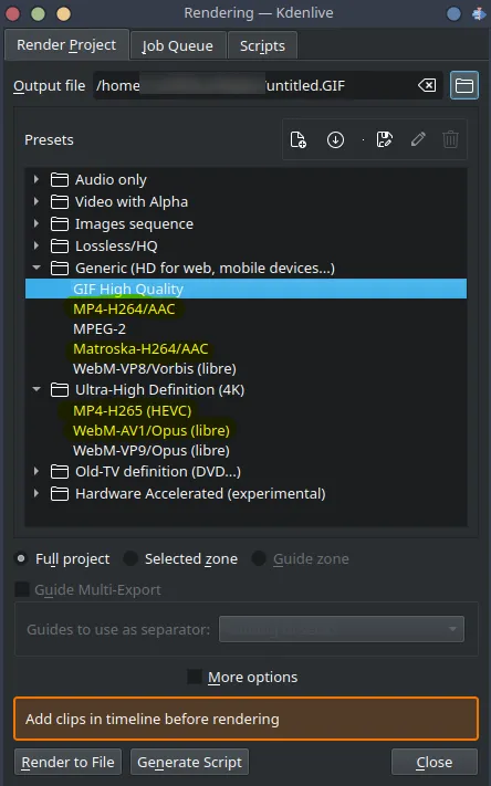 Example of selecting video encoding options in Kdenlive