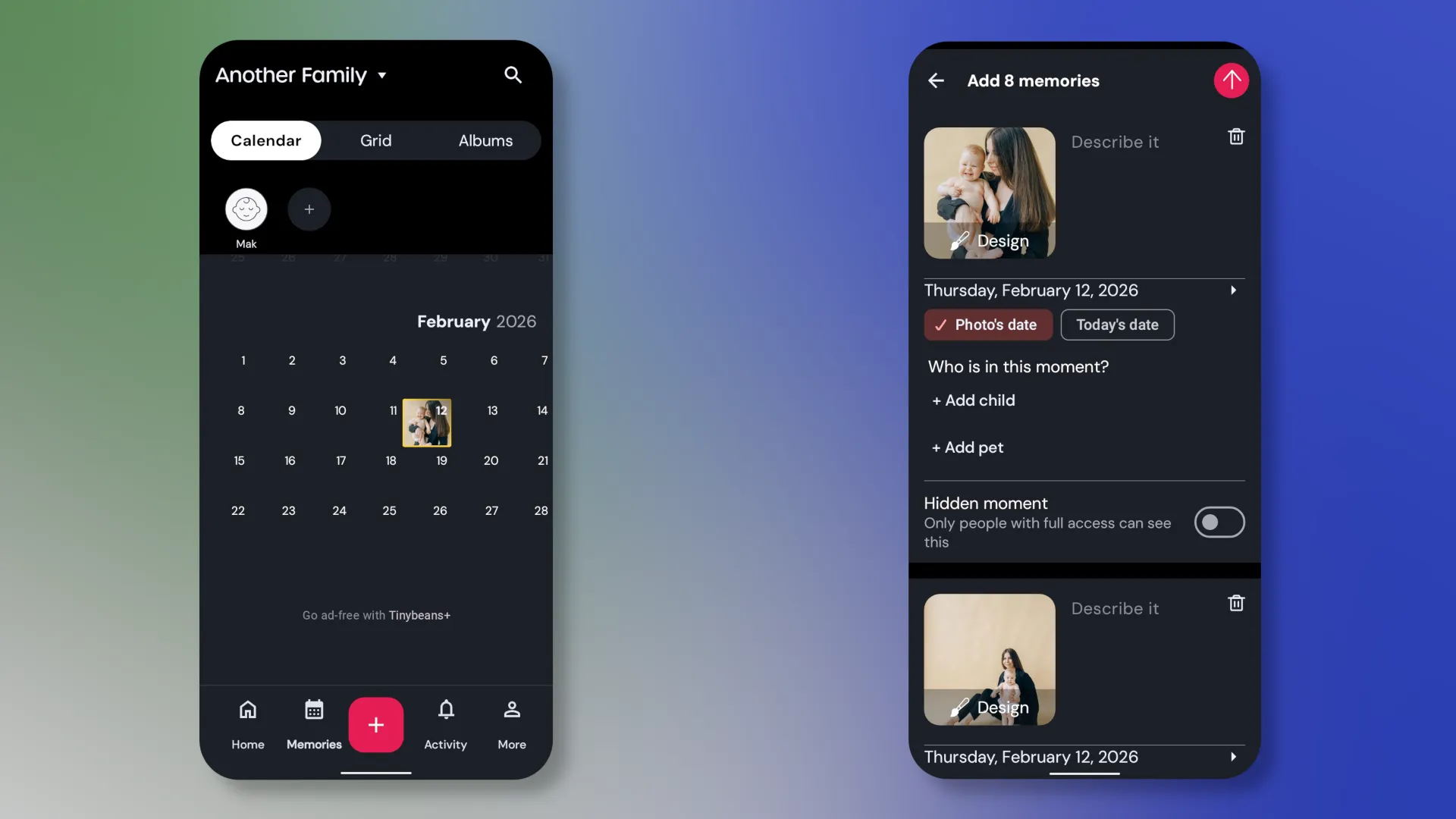 A calendar and photo example in Tinybeans