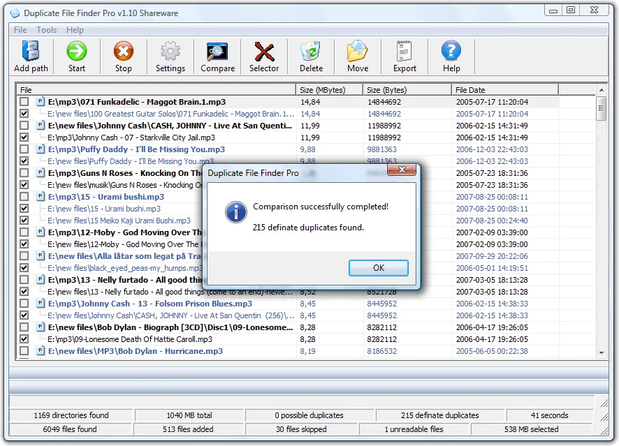 Interfaz de usuario de Duplicate File Finder