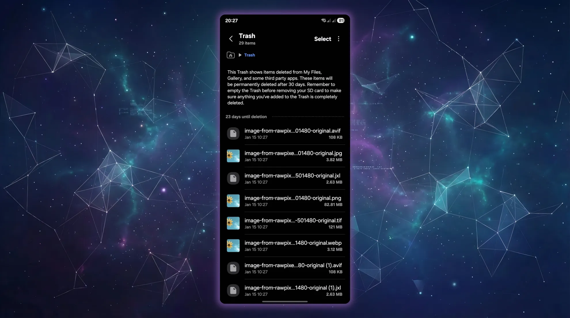 An example of deleted photos in the Files app