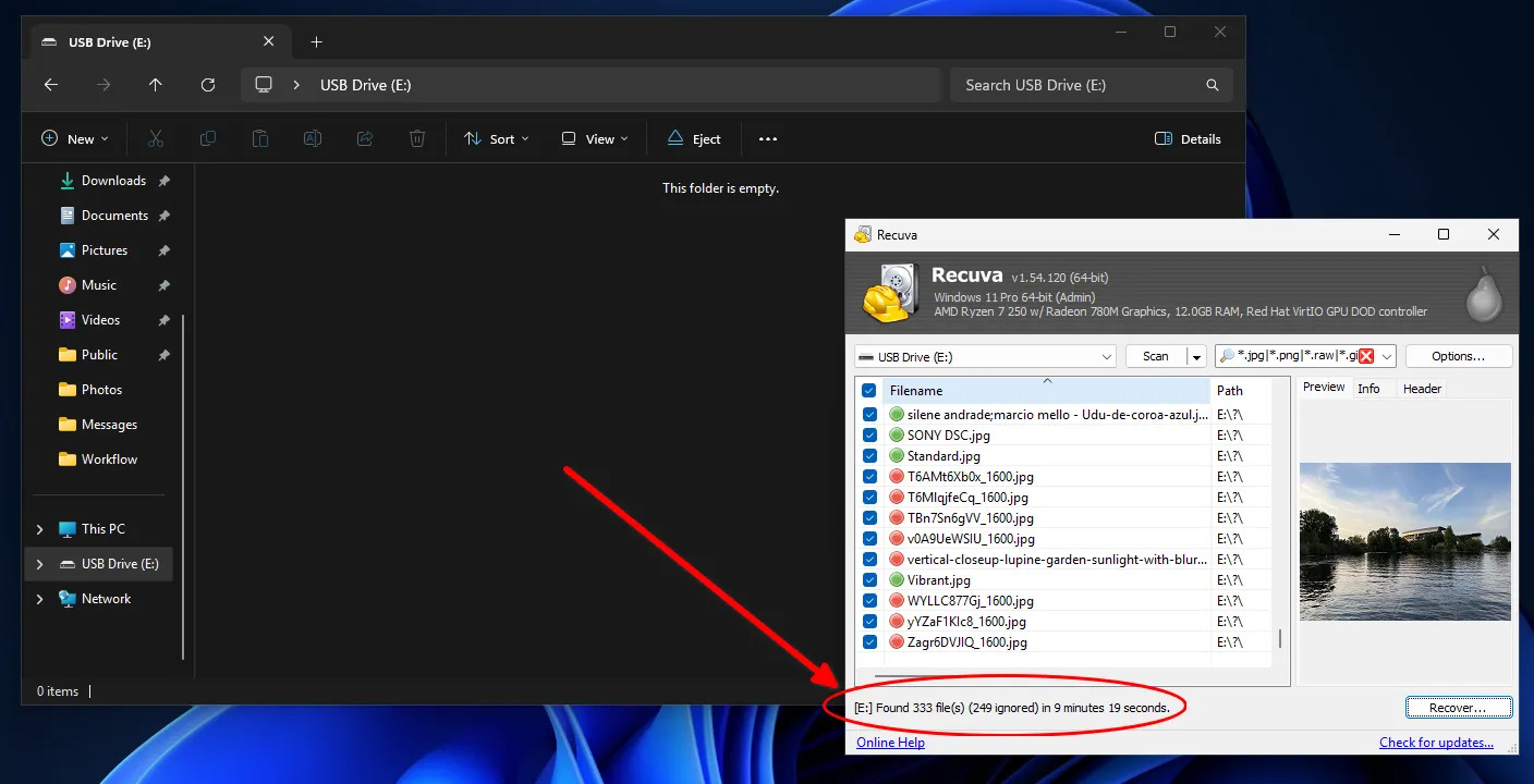 Result of scanning a USB flash drive for deleted photos