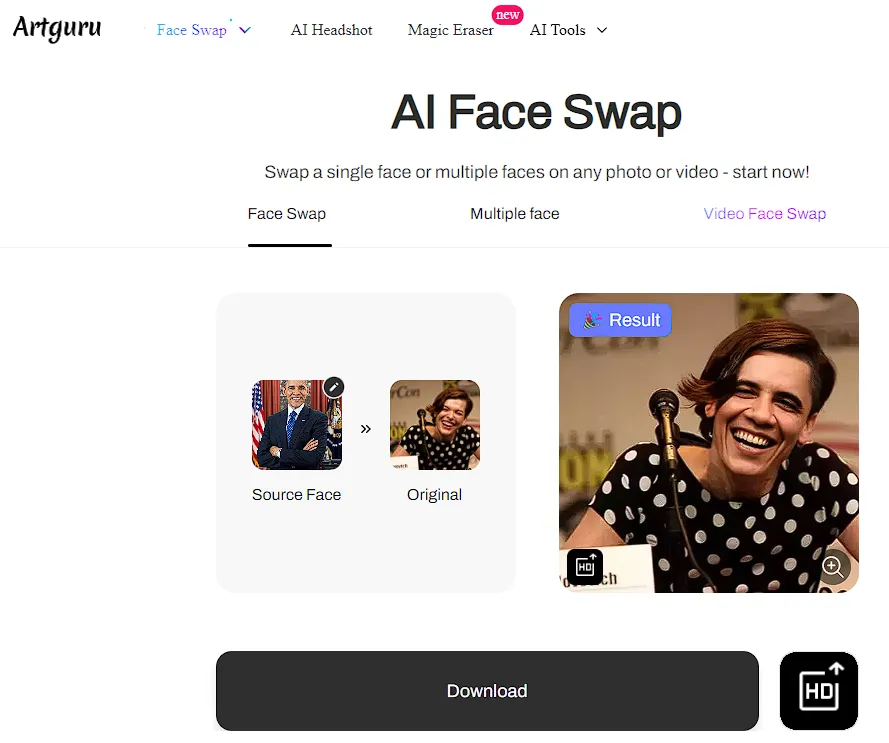 An example of the service for replacing a person’s face in a photo Artguru.ai