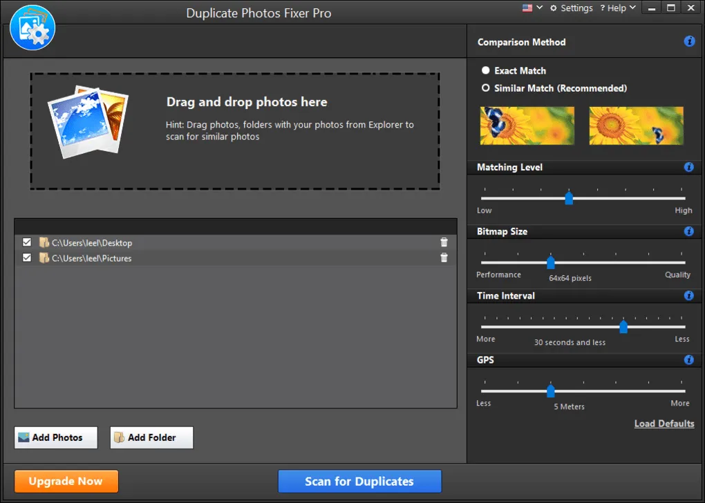 Interface utilisateur de Duplicate Photos Fixer Pro