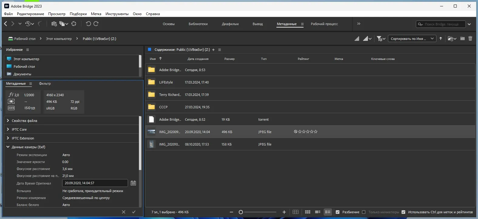 Интерфейс программы для просмотра и редактирования метаданных Adobe Bridge