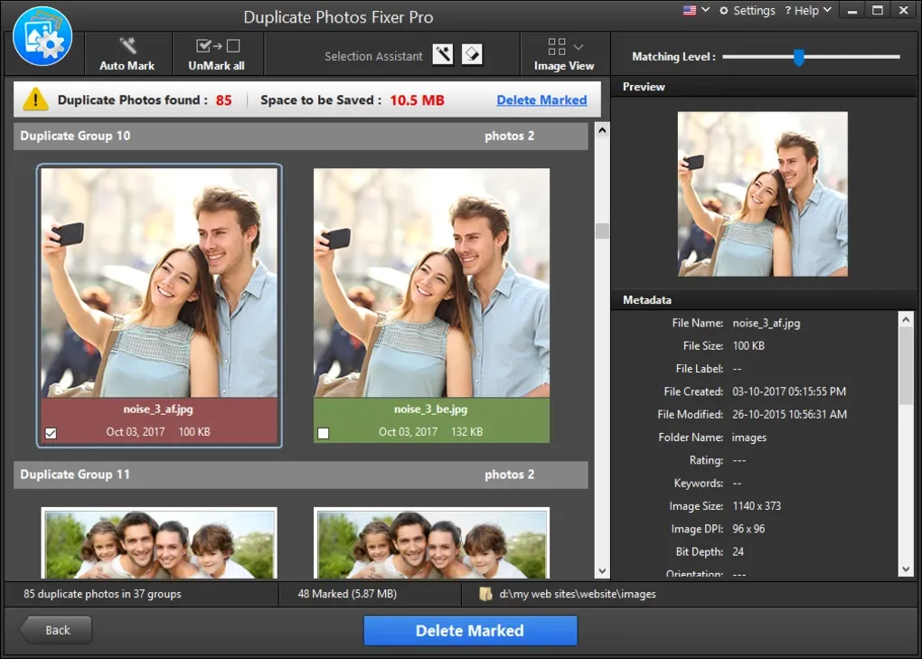 Interface utilisateur de Duplicate Photos Fixer Pro