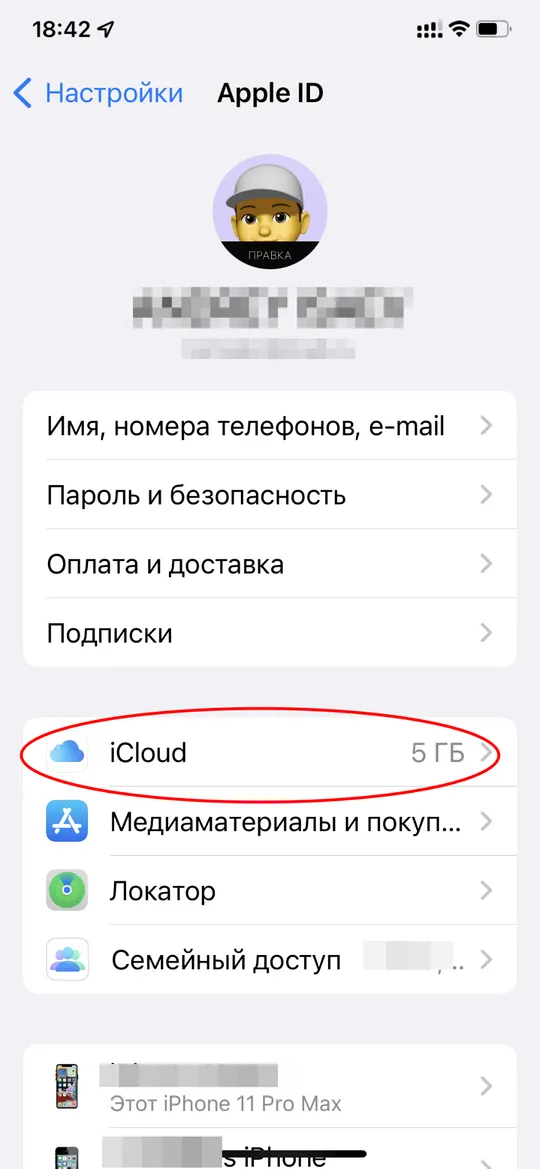 Раздел управления синхронизации с облачным хранилищем iCloud в iPhone