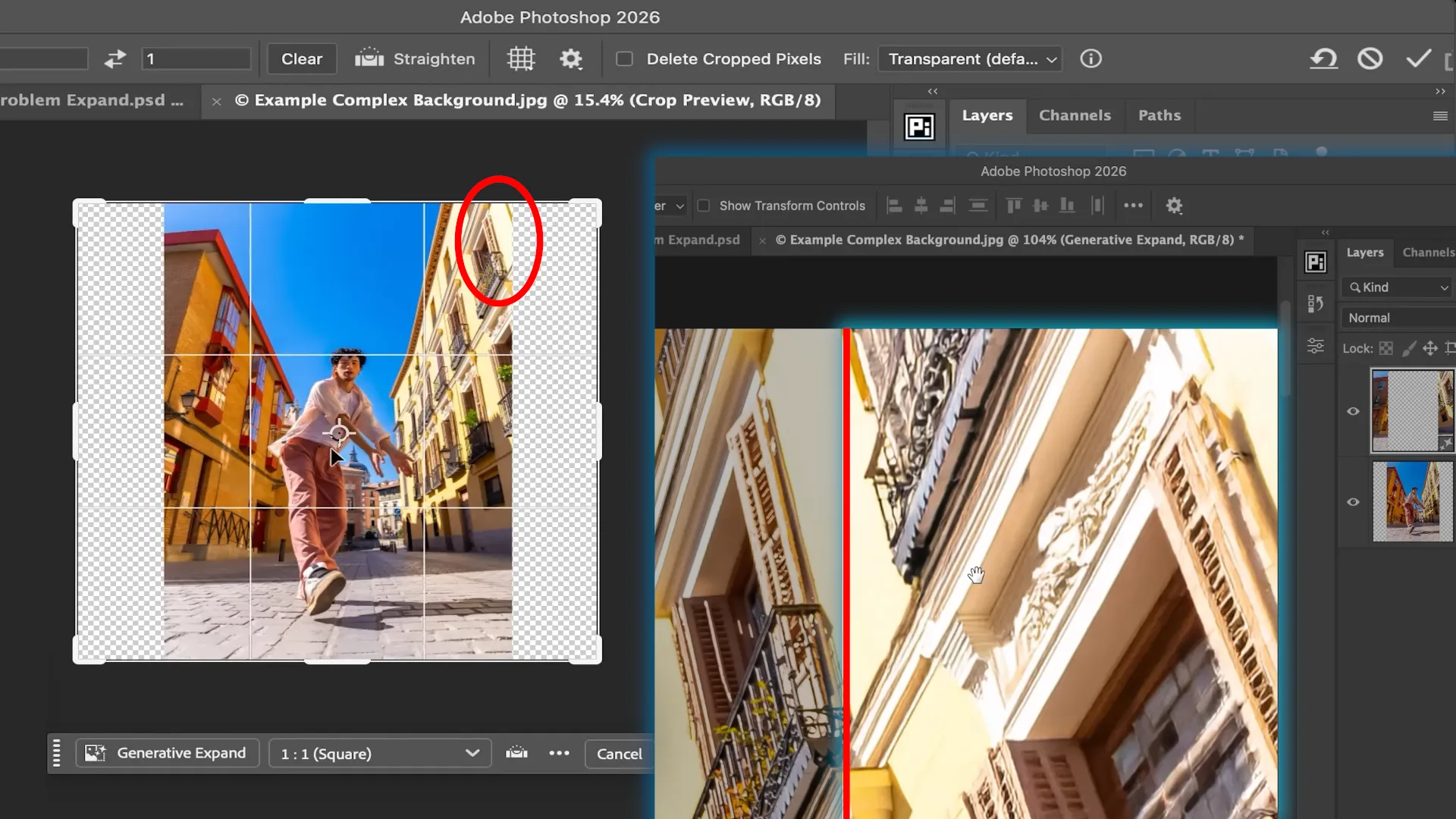 Beispiel für die Generierung von Fotoausschnitten mit komplexer Gebäudearchitektur in Photoshop-KI
