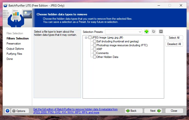 Setting up photo metadata removal in BatchPurifier LITE