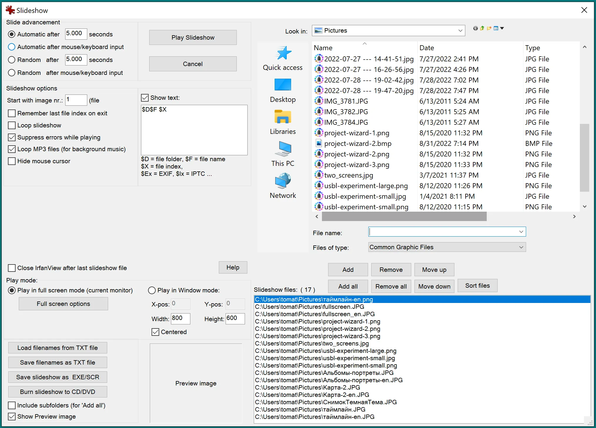 Cuadro de diálogo de configuración de la presentación de diapositivas de IrfanView. ¿Cuánto tiempo te lleva encontrar el botón Inicio?