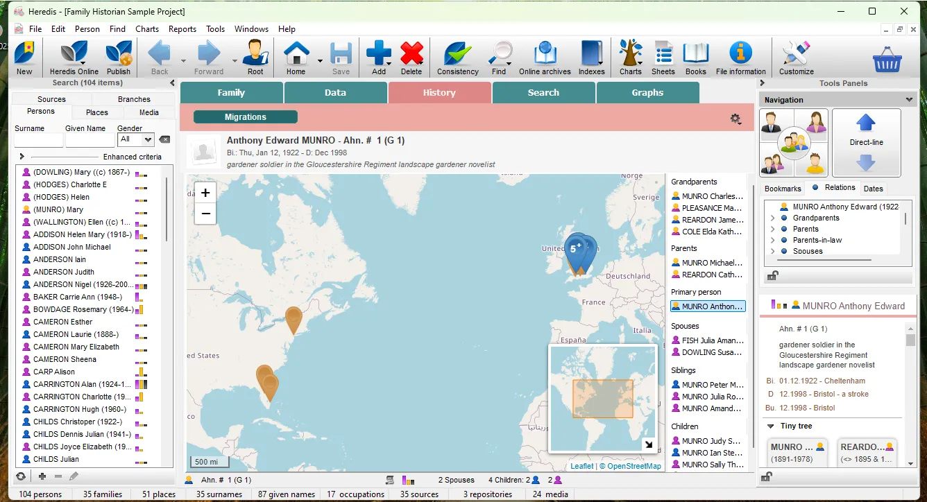 Heredis interface and event tracking on the world map