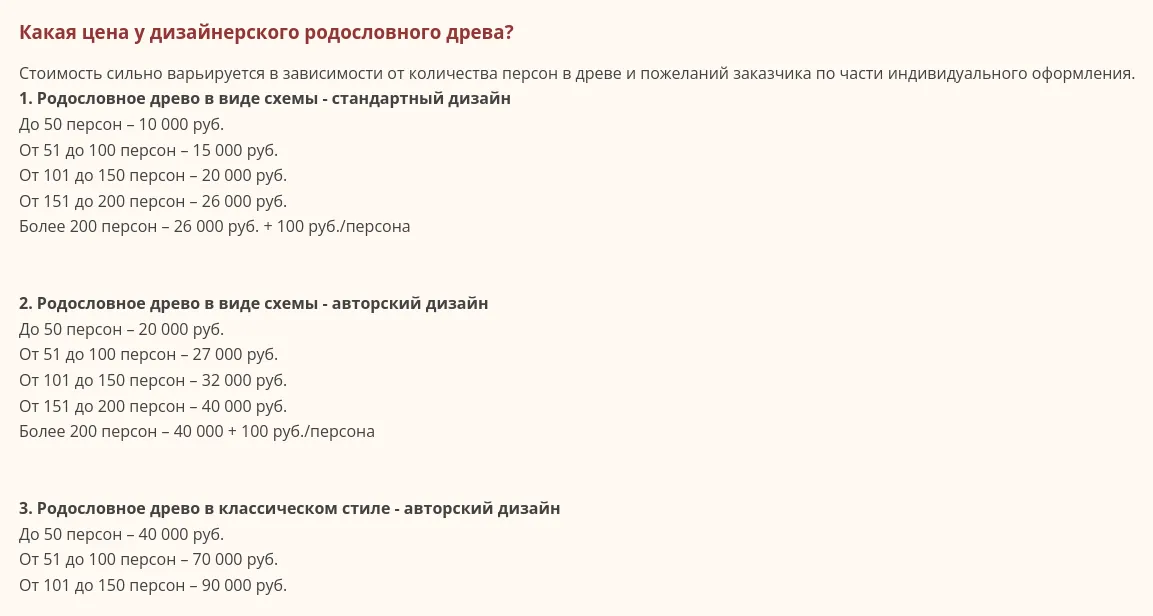 Пример стоимости дизайнерского генеалогического древа на одном из сайтов